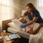 Family caregiver repositioning a bedbound elderly person at home with a checklist and caregiving supplies on a clipboard nearby