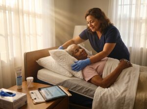 Family caregiver repositioning a bedbound elderly person at home with a checklist and caregiving supplies on a clipboard nearby