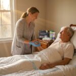 Caregiver changing an adult diaper in bed for an elderly person in a respectful home setting with supplies on the bedside table
