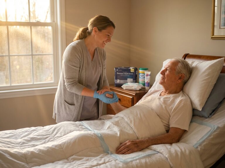 Caregiver changing an adult diaper in bed for an elderly person in a respectful home setting with supplies on the bedside table
