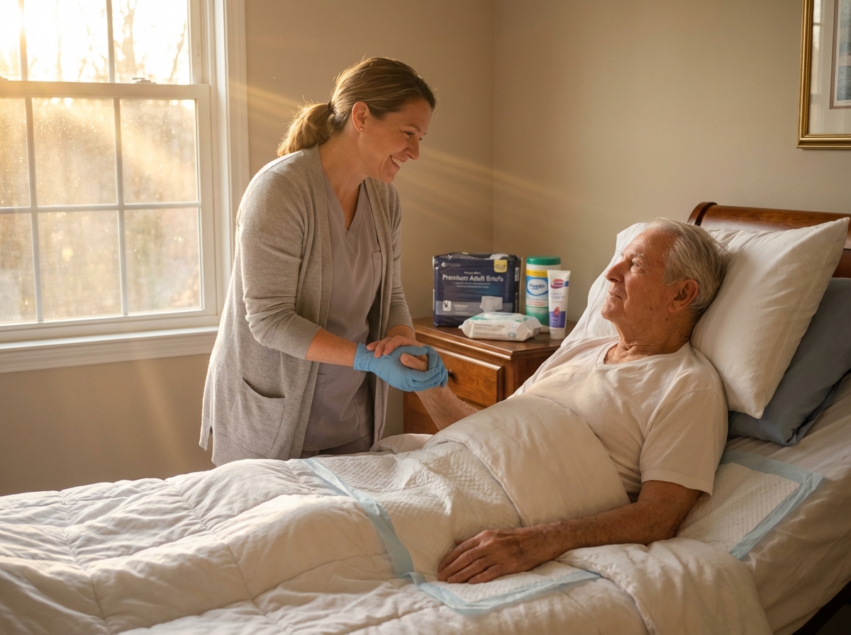 Caregiver changing an adult diaper in bed for an elderly person in a respectful home setting with supplies on the bedside table