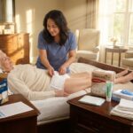 Caregiver adjusting an overnight adult diaper for a bedbound elderly person at home with bedside supplies and a checklist visible