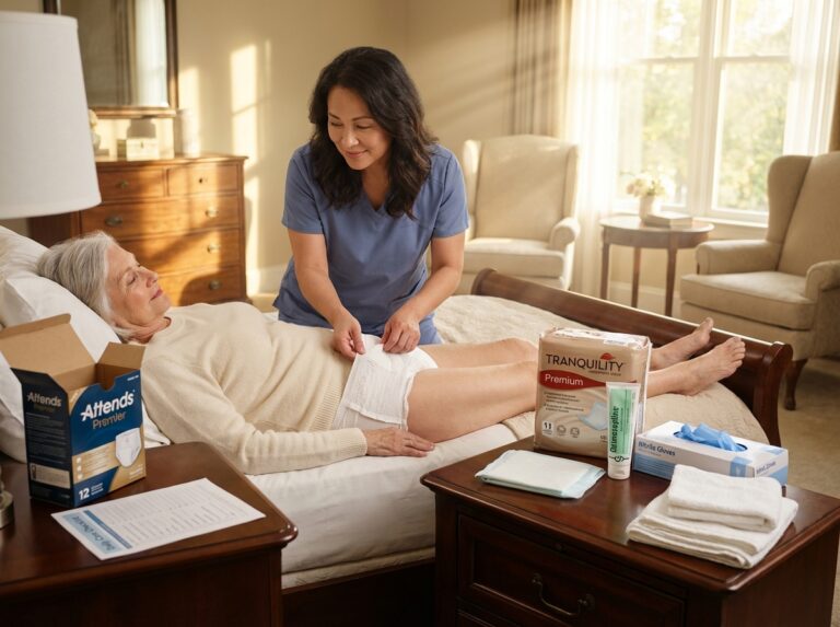 Caregiver adjusting an overnight adult diaper for a bedbound elderly person at home with bedside supplies and a checklist visible