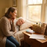 Tired family caregiver sitting at the bedside of a bedbound elderly relative with caregiving supplies and a clipboard checklist nearby