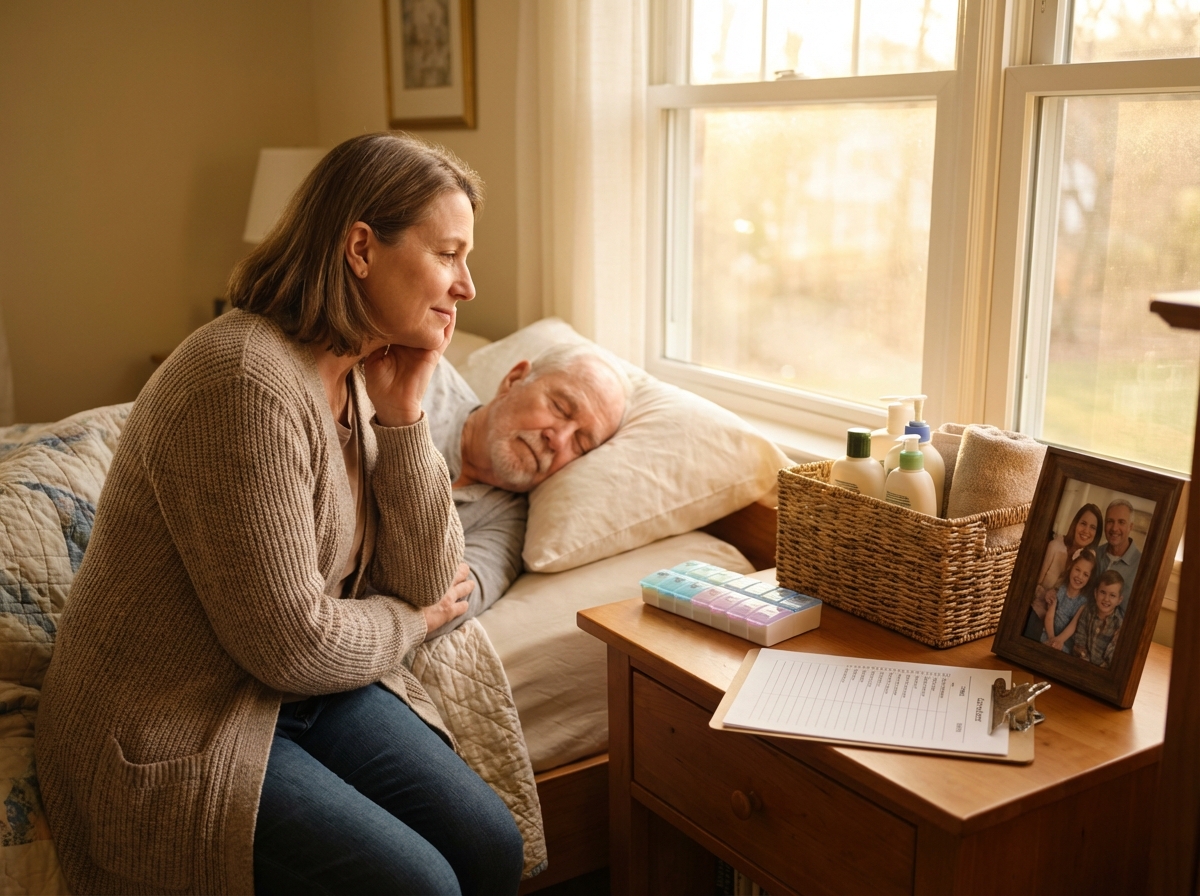 Tired family caregiver sitting at the bedside of a bedbound elderly relative with caregiving supplies and a clipboard checklist nearby