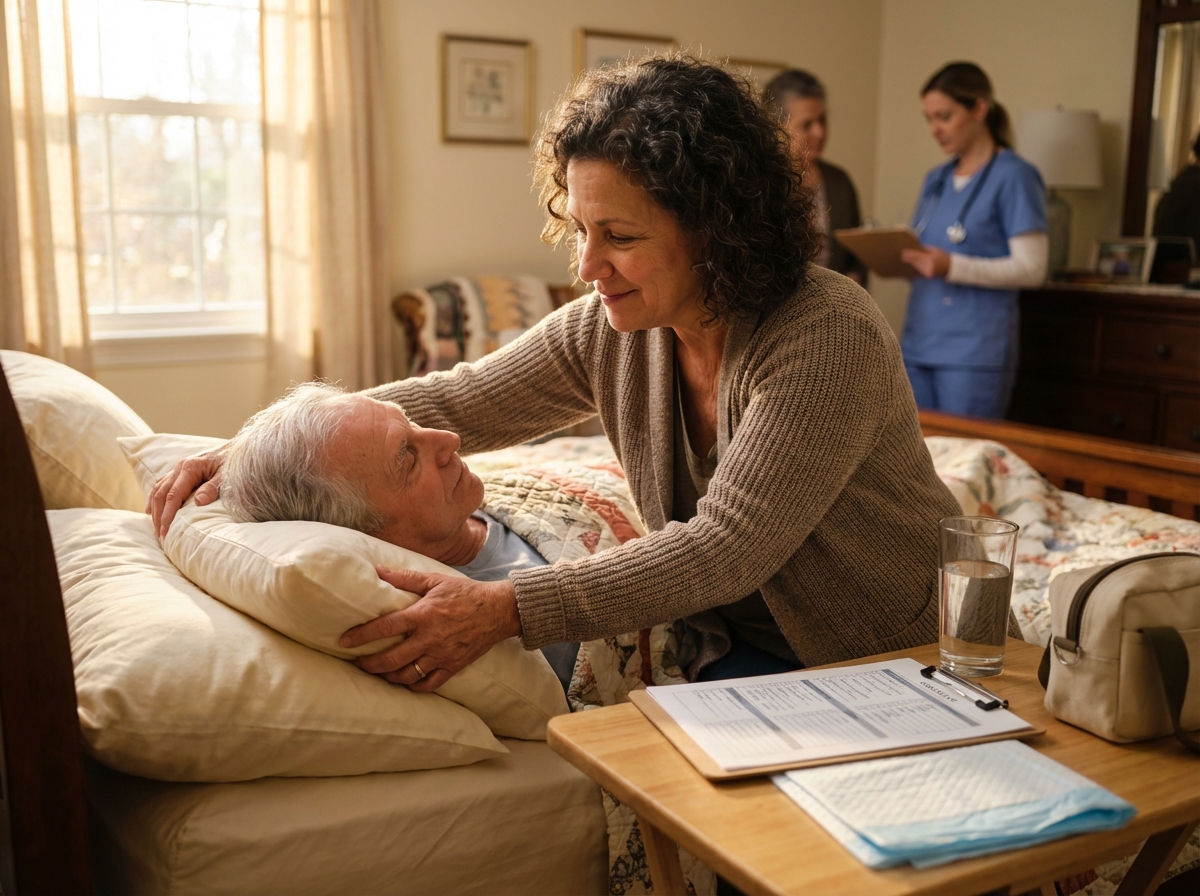 Family caregiver adjusting pillows for an elderly bedbound relative at home with a clipboard checklist and hospice nurse nearby, soft natural light.