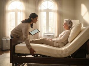 Caregiver adjusting a home hospital bed for an elderly bedbound woman with visible pressure-relief mattress, bedside commode, portable oxygen device, and a checklist on a tablet
