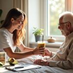 Caregiver offering a high-calorie smoothie to a propped bedbound senior at home with a blender and checklist on the bedside table