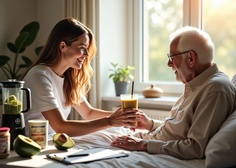 Caregiver offering a high-calorie smoothie to a propped bedbound senior at home with a blender and checklist on the bedside table