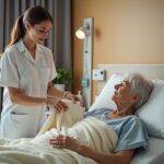 Family caregiver giving a dignified bedside wash to an elderly person in a home bedroom, supplies on a nearby table and caregiver using proper body mechanics