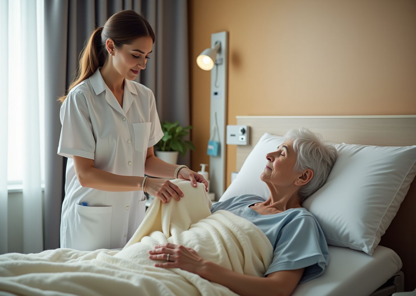 Family caregiver giving a dignified bedside wash to an elderly person in a home bedroom, supplies on a nearby table and caregiver using proper body mechanics