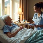 Caregiver and hospice nurse adjusting pillows for a bedbound elderly person at home, with pressure mattress and bedside medication organizer visible