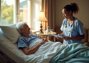 Caregiver and hospice nurse adjusting pillows for a bedbound elderly person at home, with pressure mattress and bedside medication organizer visible