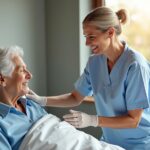 Family caregiver adjusting bedding for a bedbound elderly woman with PureWick external urine collection device and supplies on the bedside table in a bright home setting