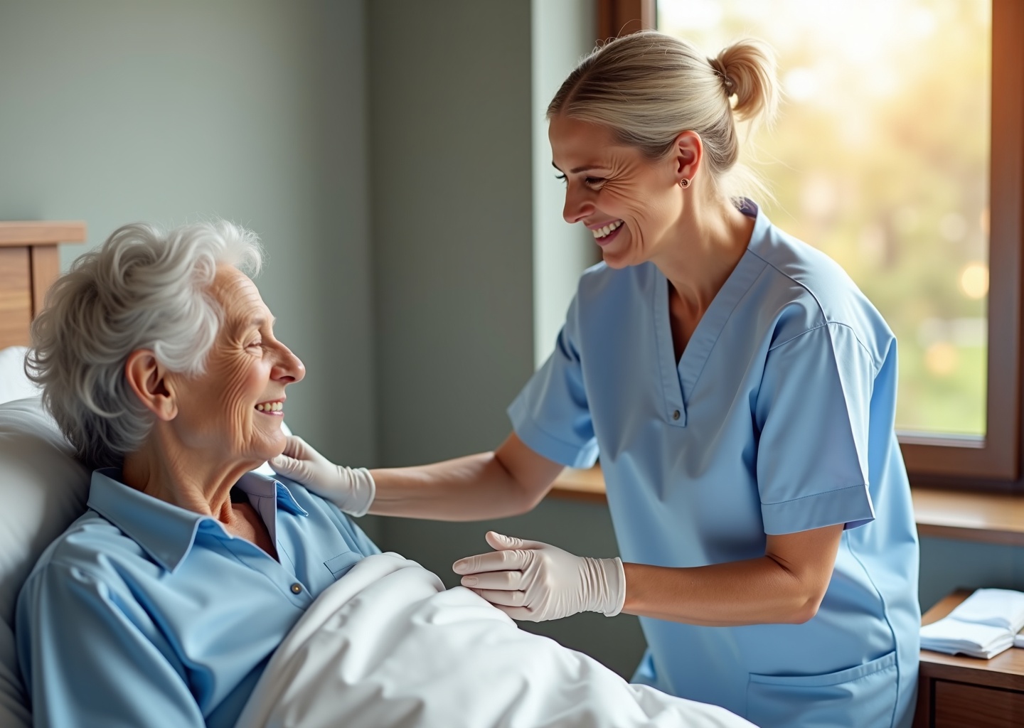 Family caregiver adjusting bedding for a bedbound elderly woman with PureWick external urine collection device and supplies on the bedside table in a bright home setting