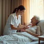 Caregiver placing a female external urine collection pad near a bedbound elderly woman with a discreet suction device on the bedside table