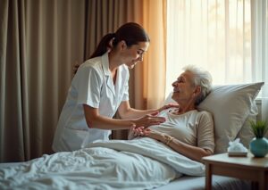 Caregiver placing a female external urine collection pad near a bedbound elderly woman with a discreet suction device on the bedside table