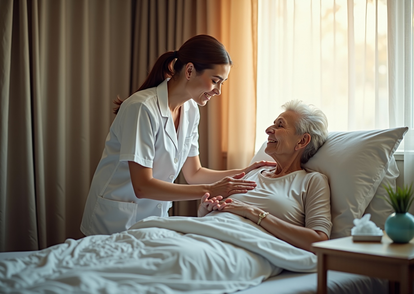 Caregiver placing a female external urine collection pad near a bedbound elderly woman with a discreet suction device on the bedside table