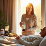 Caregiver preparing a calorie-dense smoothie at the bedside of a propped elderly person with ingredients and labeled cups on the bedside table