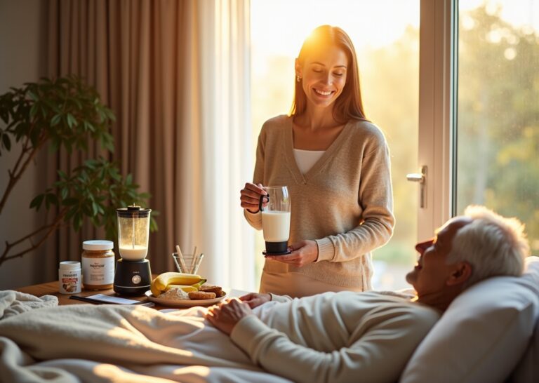 Caregiver preparing a calorie-dense smoothie at the bedside of a propped elderly person with ingredients and labeled cups on the bedside table