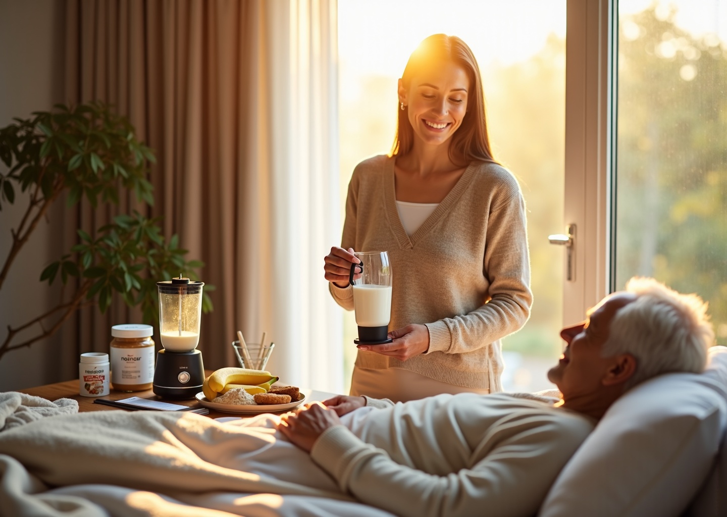 Caregiver preparing a calorie-dense smoothie at the bedside of a propped elderly person with ingredients and labeled cups on the bedside table