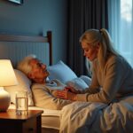 Family caregiver adjusting a warm bedside lamp for a bedbound elderly person with dementia in a calm home bedroom setting