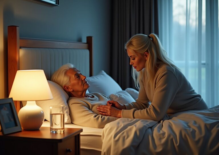 Family caregiver adjusting a warm bedside lamp for a bedbound elderly person with dementia in a calm home bedroom setting