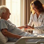 Family caregiver adjusts the remote of a full-electric home hospital bed while an elderly person sits up; mattress, side rails, and bedside hygiene supplies visible in a well-lit bedroom.