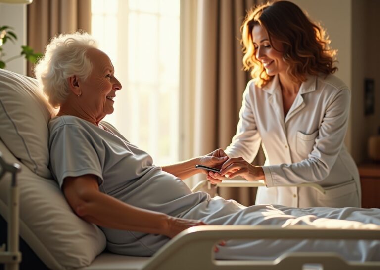 Family caregiver adjusts the remote of a full-electric home hospital bed while an elderly person sits up; mattress, side rails, and bedside hygiene supplies visible in a well-lit bedroom.