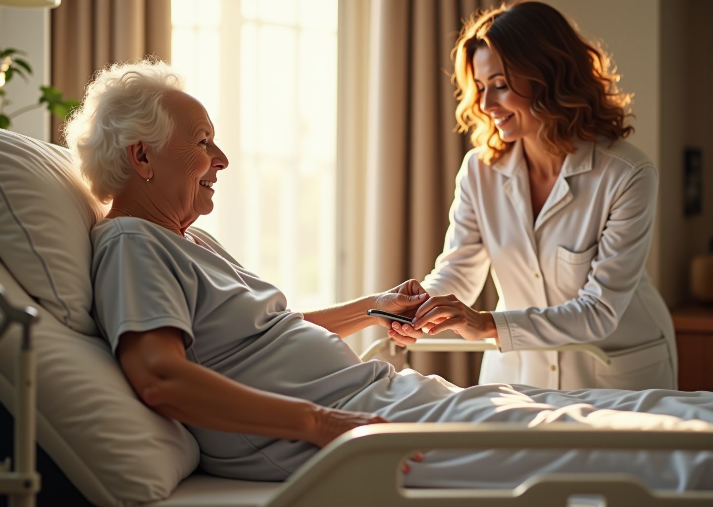 Family caregiver adjusts the remote of a full-electric home hospital bed while an elderly person sits up; mattress, side rails, and bedside hygiene supplies visible in a well-lit bedroom.