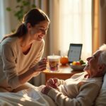 Family caregiver offering a small cup and ice chips to a bedbound elderly person at home with a visible hydration checklist on a clipboard