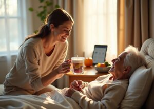 Family caregiver offering a small cup and ice chips to a bedbound elderly person at home with a visible hydration checklist on a clipboard